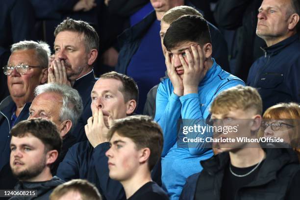 Tense moment for Everton fans during the Premier League match between Watford and Everton at Vicarage Road on May 11, 2022 in Watford, United Kingdom.