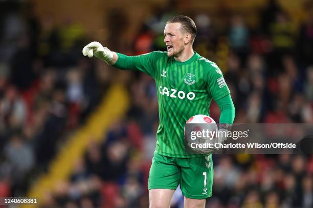 Everton goalkeeper Jordan Pickford during the Premier League match between Watford and Everton at Vicarage Road on May 11, 2022 in Watford, United...