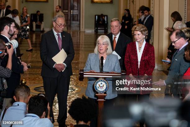 Senate Majority Leader Chuck Schumer , Sen. Patty Murray , Sen. Dick Durbin , and Sen. Debbie Stabenow at a press conference in the Ohio Clock...