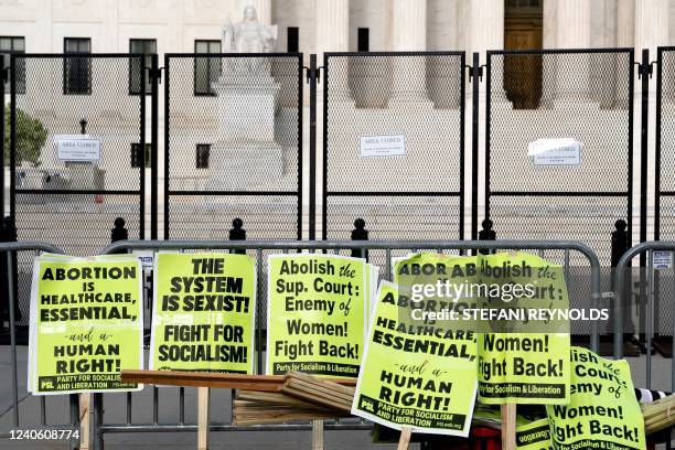 Signs lean against police barricades as pro-choice demonstrators gather in front of the US Supreme Court in Washington, DC, on May 11, 2022. - Senate...