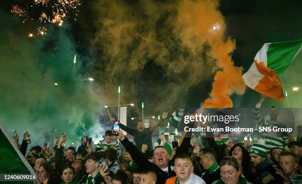 Celtic fans celebrate winning the cinch Premiership title at Celtic Park, on May 11 in Glasgow, Scotland.