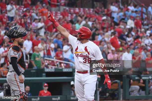 Juan Yepez of the St. Louis Cardinals reacts after hitting a solo home run against the Baltimore Orioles during the second inning at Busch Stadium on...