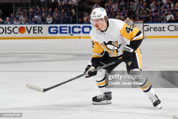 Kasperi Kapanen of the Pittsburgh Penguins skates against the New York Rangers in Game Five of the First Round of the 2022 Stanley Cup Playoffs at...