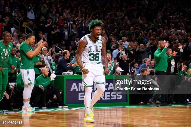 Marcus Smart of the Boston Celtics celebrates against the Milwaukee Bucks during Game 5 of the 2022 NBA Playoffs Eastern Conference Semifinals on May...