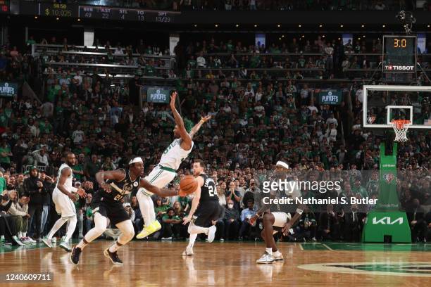 Jrue Holiday of the Milwaukee Bucks steals the ball against the Boston Celtics during Game 5 of the 2022 NBA Playoffs Eastern Conference Semifinals...