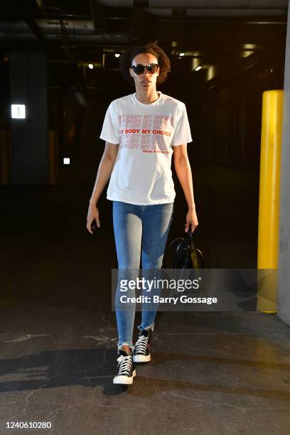 Brianna Turner of the Phoenix Mercury arrives to the arena before the game against the Chicago Sky on May 11, 2022 at Footprint Center in Phoenix,...