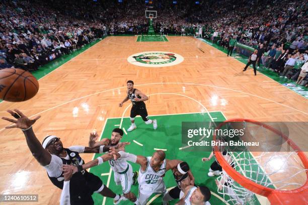 Bobby Portis of the Milwaukee Bucks shoots the ball to win the game against the Boston Celtics during Game 5 of the 2022 NBA Playoffs Eastern...
