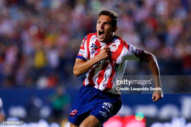 Juan Sanabria of Atletico San Luis celebrates after scoring the second goal of his team during the quarterfinals first leg match between Atletico San...