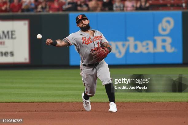 Rougned Odor of the Baltimore Orioles throws to first for an out against the St. Louis Cardinals during the eighth inning at Busch Stadium on May 11,...