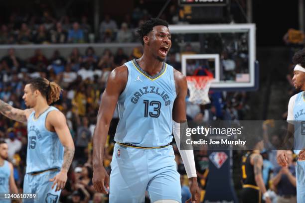 Jaren Jackson Jr. #13 of the Memphis Grizzlies celebrates during Game 5 of the 2022 NBA Playoffs Western Conference Semifinals on May 11, 2022 at...