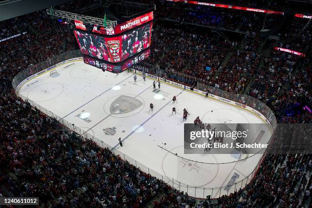 The Florida Panthers celebrate their 5-3 win over the Washington Capitals in Game Five of the First Round of the 2022 Stanley Cup Playoffs at the FLA...