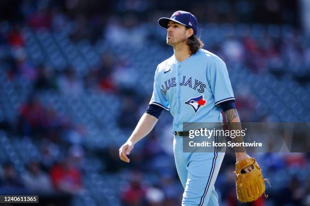 Toronto Blue Jays starting pitcher Kevin Gausman walks to the dugout after being replaced during game one of an MLB doubleheader against the...