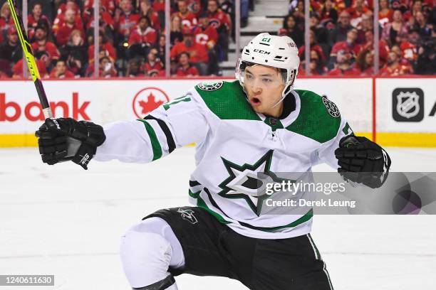 Jason Robertson of the Dallas Stars celebrates after scoring against the Calgary Flames during the second period of Game Five of the First Round of...