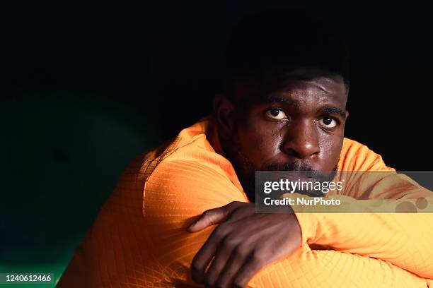 Samuel Umtiti of Barcelona during the La Liga Santander match between Real Betis and FC Barcelona at Estadio Benito Villamarin on May 7, 2022 in...