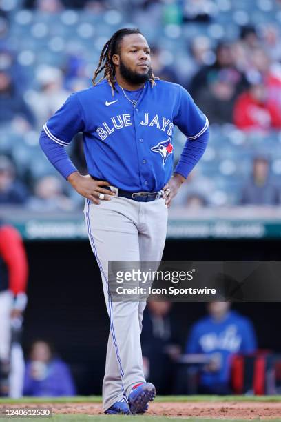 Toronto Blue Jays first baseman Vladimir Guerrero Jr. Looks on during game two of an MLB doubleheader against the Cleveland Guardians on May 7, 2022...