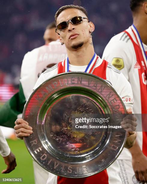 Antony of Ajax celebrating the championship with the trophy dish during the Dutch Eredivisie match between Ajax v SC Heerenveen at the Johan Cruijff...