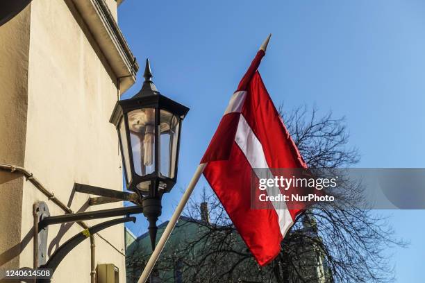 Latvian flag on the wind is seen in Ventspils, Latvia on 3 May 2022