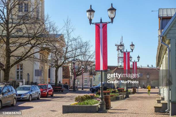 Latvian flags displayed in the city square a day before Independence Day are seen in Ventspils, Latvia on 3 May 2022