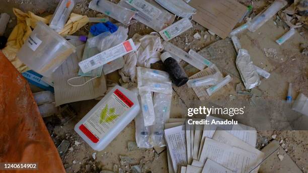 Healthcare professional searches for medicines and medical equipment in a destroyed hospital as Russian attacks continue in Chernihiv, Ukraine on May...