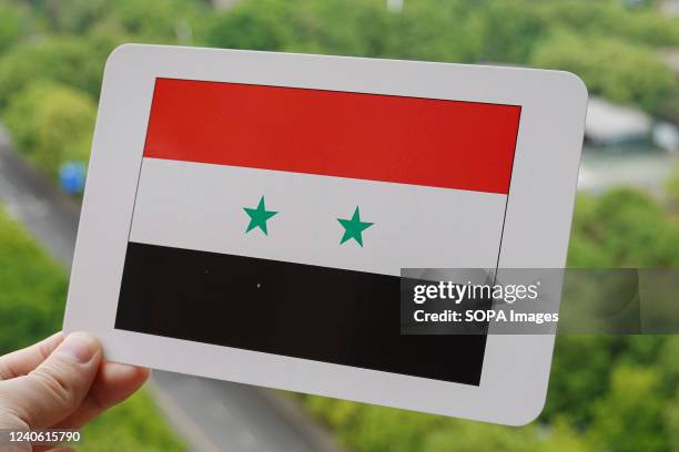 In this photo illustration, the Syrian flag is printed on a white card.