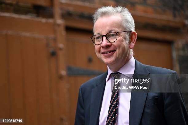 Britain's Housing Secretary Michael Gove arrives to attend a Cabinet away day at Middleport Pottery on May 12, 2022 in Stoke on Trent, England.