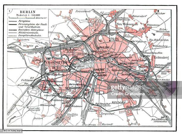 berlin germany city map with railway and subway tracks 1897 - berlin map stock illustrations