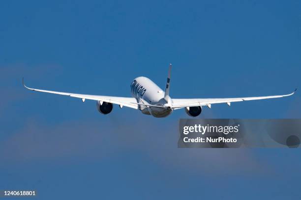 Finnair Airbus A350-900 aircraft as seen during rotation, take off and fly phase as the plane is departing from Amsterdam Schiphol Airport AMS EHAM....