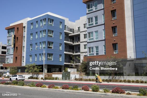 The Millennium South Bay apartment complex across from the SpaceX headquarters in Hawthorne, California, US, on Tuesday, April 19, 2022. Brimming...