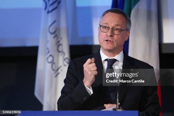 The president of Confindustria, Carlo Bonomi, during the assembly of industrialists in Naples, entitled "South Cohesion".