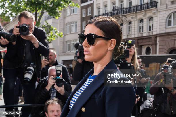 Rebekah Vardy, wife of Leicester City striker Jamie Vardy, arrives at the Royal Courts of Justice on the third day of the high-profile trial against...