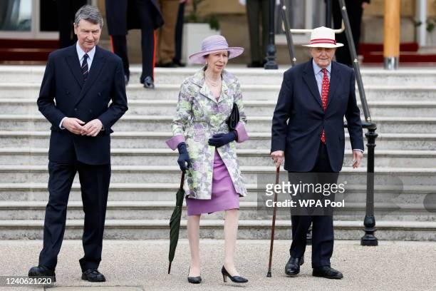 Princess Anne, Princess Royal arrives with Vice Admiral Sir Timothy Laurence to attend the Not Forgotten Association Garden Party at Buckingham...