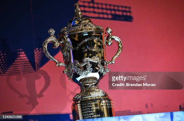 Dublin , Ireland - 12 May 2022; A general view of the William Webb Ellis cup during a World Rugby Cup future hosts announcement media conference at...