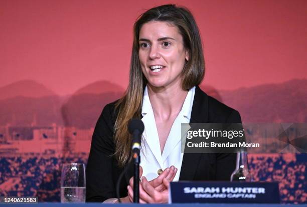Dublin , Ireland - 12 May 2022; England captain Sarah Hunter speaking during a World Rugby Cup future hosts announcement media conference at the...