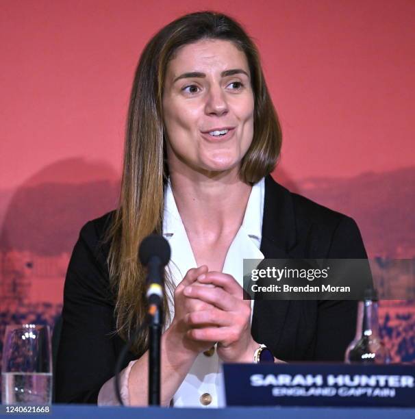 Dublin , Ireland - 12 May 2022; England captain Sarah Hunter speaking during a World Rugby Cup future hosts announcement media conference at the...