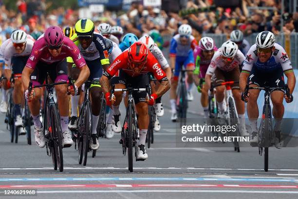 Team Groupama-FDJ's French rider Arnaud Demare , Team Lotto's Australian rider Caleb Ewan and Team Quick-Step Alpha Vinyl's British rider Mark...