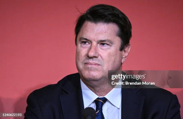 Dublin , Ireland - 12 May 2022; Rugby Australia chairman Hamish McLennan speaking during a World Rugby Cup future hosts announcement media conference...