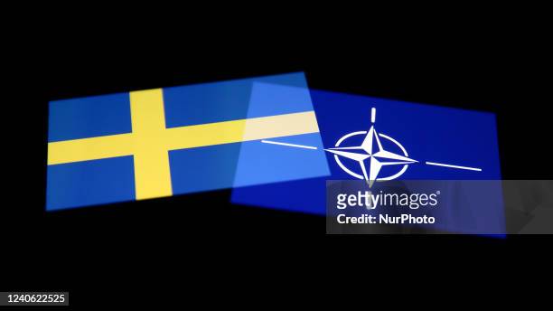 Flags of Sweden and NATO are seen displayed on phone screens in this multiple exposure illustration photo taken in Krakow, Poland on May 12, 2022.