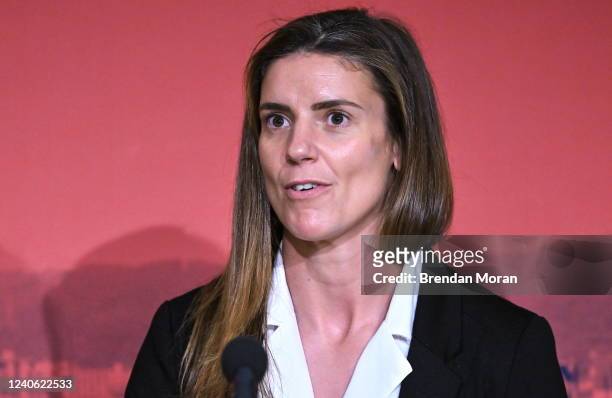 Dublin , Ireland - 12 May 2022; England captain Sarah Hunter speaking during a World Rugby Cup future hosts announcement media conference at the...