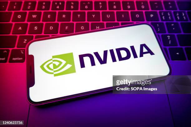 In this photo illustration, a Nvidia logo is displayed on the screen of a smartphone.