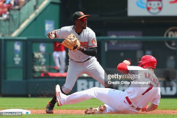 Jorge Mateo of the Baltimore Orioles turns a double play against Andrew Knizner of the St. Louis Cardinals in the third inning at Busch Stadium on...