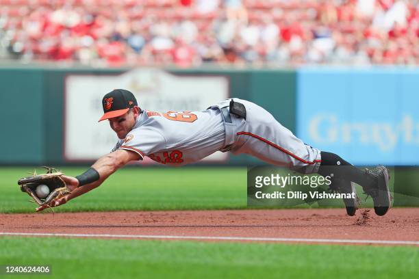 Rylan Bannon of the Baltimore Orioles fields a ground ball against the St. Louis Cardinals in the first inning in his MLB debut at Busch Stadium on...
