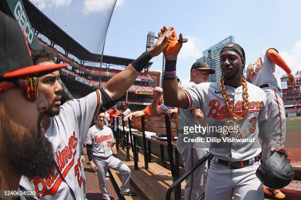 Jorge Mateo of the Baltimore Orioles is congratulated after hitting home run against the St. Louis Cardinals in the second inning at Busch Stadium on...