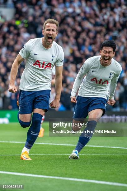 Harry Kane of Tottenham Hotspur celebrates with Son Heung-min after scoring 1st goal during the Premier League match between Tottenham Hotspur and...