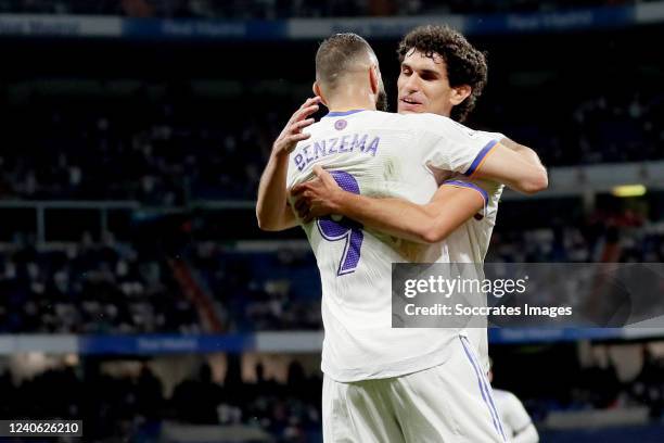 Karim Benzema of Real Madrid celebrates 2-0 with Jesus Vallejo of Real Madrid during the La Liga Santander match between Real Madrid v Levante at the...