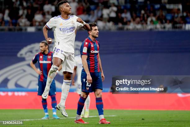 Rodrygo Silva de Goes of Real Madrid celebrates 3-0 during the La Liga Santander match between Real Madrid v Levante at the Santiago Bernabeu on May...