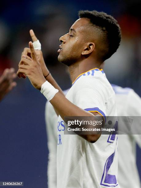 Rodrygo Silva de Goes of Real Madrid celebrates 4-0 during the La Liga Santander match between Real Madrid v Levante at the Santiago Bernabeu on May...