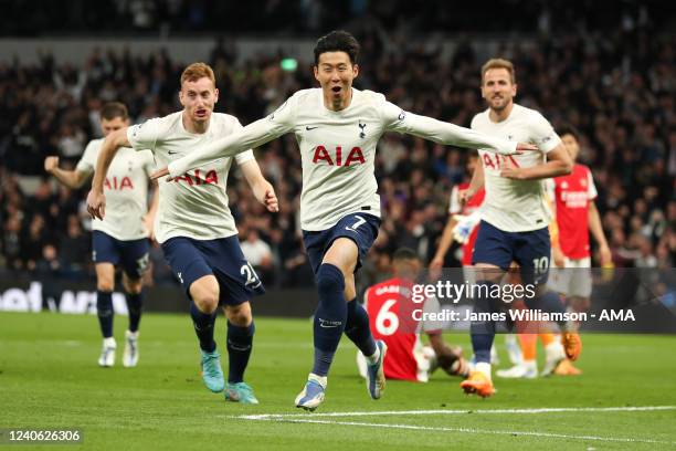 Son Heung-Min of Tottenham Hotspur celebrates after scoring a goal to make it 3-0 during the Premier League match between Tottenham Hotspur and...