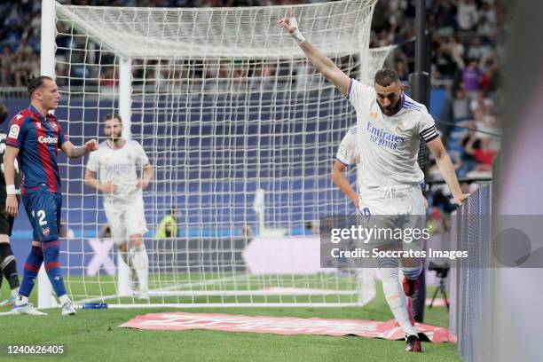 Karim Benzema of Real Madrid celebrates 2-0 during the La Liga Santander match between Real Madrid v Levante at the Santiago Bernabeu on May 12, 2022...