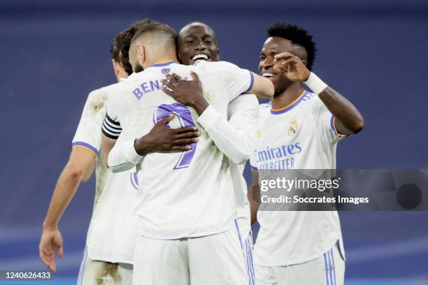 Ferland Mendy of Real Madrid celebrates 1-0 with Vinicius Junior of Real Madrid, Karim Benzema of Real Madrid during the La Liga Santander match...