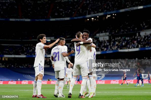 Rodrygo Silva de Goes of Real Madrid celebrates 3-0 with Karim Benzema of Real Madrid during the La Liga Santander match between Real Madrid v...